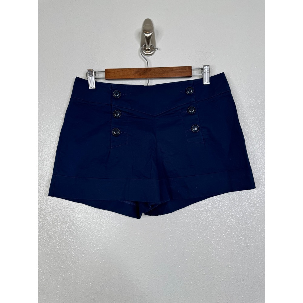 Trina Turk Navy Blue Sailor Shorts Button Front Cotton Blend‎ Cuffed Hem Size 4